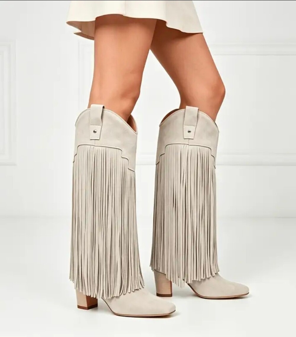 Off-White Fringe Dress Boots High Heel Square Toe Block Heel  8